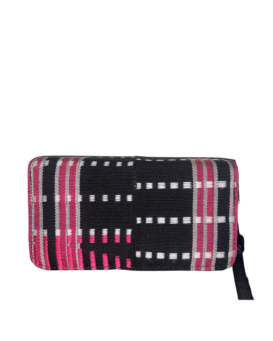 Aso Oke Double Zip Wallet - Magenta + Black