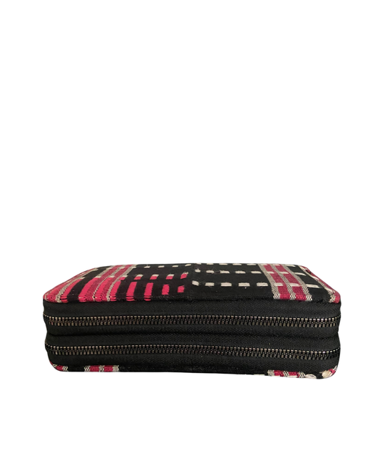 Aso Oke Double Zip Wallet - Magenta + Black
